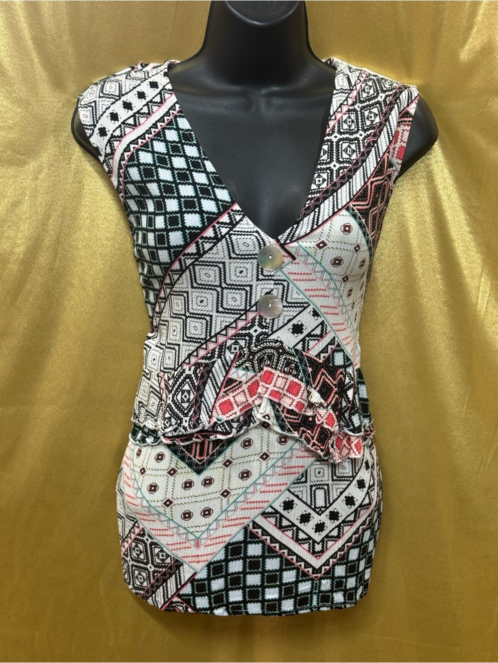 John Paul Richard Geometric Print Sleeveless Blouse‎ - Size Small Boho V-Neck